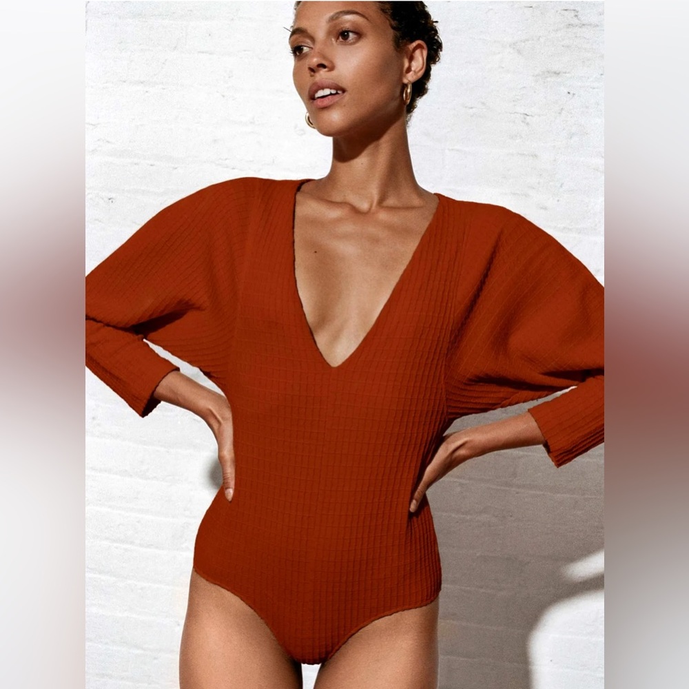 Mara Hoffman Textured Mariana Bodysuit in Rust, V-Neck